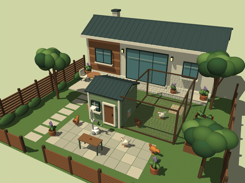 Simulated backyard with a small henhouse, hens and a robot helper.
